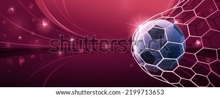 Realistic soccer ball hitting the net. Football championship in the arena. Vector illustration