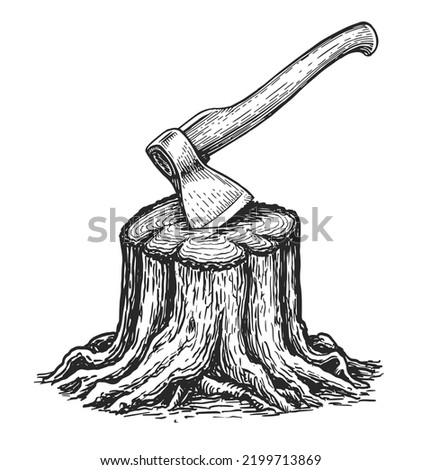 Stump with stuck ax sketch. Cutting wood and logging. woodcutter tool for chopping wood. Carpentry, natural lumber