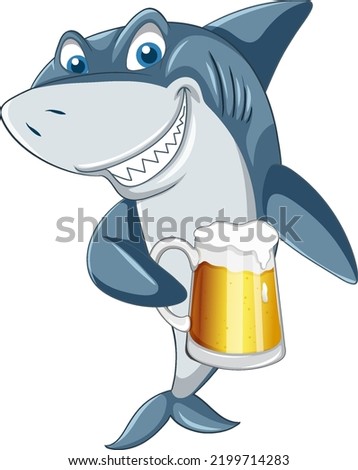 Shark holding beer glass cartoon character illustration