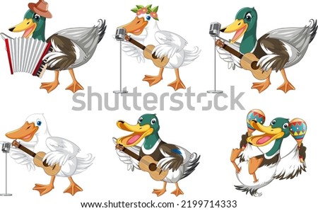 Set of duckling doing different activities illustration