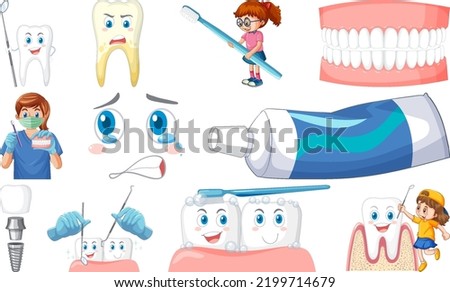 Set of dental equipments and cartoon characters illustration
