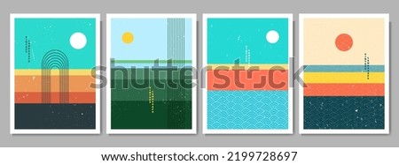 Vector illustration. Abstract contemporary aesthetic backgrounds. Flat landscape. Sun in the sky. Design for poster, postcard, invitation card, flyer, brochure cover. Room wall decor. Linear pattern