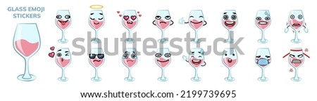 Glass emoji stickers set. Glass with various emotions isolated vector sticker pack. Red wine glass sad, in love, mad, happy and crying. Funny cartoon sticker pack collection.