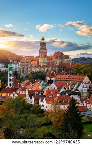 View of historical centre of Cesky Krumlov town on Vltava riverbank on autumn day overlooking medieval Castle, Czech Republic. View of old town of Cesky Krumlov, South Bohemia, Czech Republic. Royalty-Free Stock Photo #2199740435