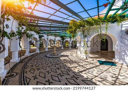The beautiful buildings at Kalithea Springs constructed in the 1930s, Rhodes Island, Greece, Europe. Kallithea Therms, Kallithea Springs located at the bay of Kallithea on Rhodes island, Greece.  Royalty-Free Stock Photo #2199744127