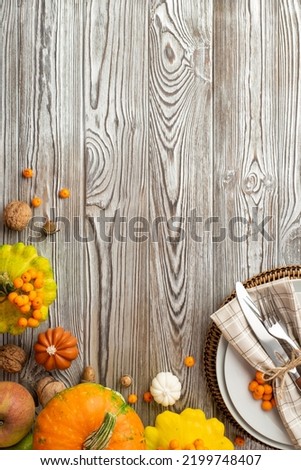 Thanksgiving day concept. Top view vertical photo of plate napkin knife fork raw vegetables pumpkins pattypans apple rowan berries nuts acorns on isolated grey wooden desk background with copyspace
