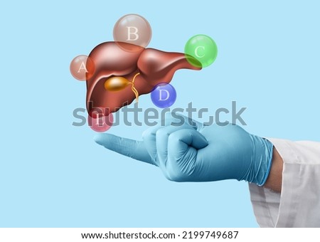 World hepatitis day concept. Doctor hands holding liver with virus symbol for diagnosis types of viral hepatitis or cancer. Awareness of prevention and treatment viral hepatitis. Royalty-Free Stock Photo #2199749687