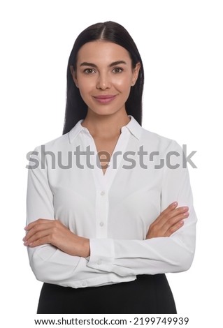 Portrait of hostess in uniform on white background