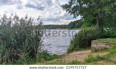 There are trees on the sandy and grassy shore of the lake, and there are reeds in the water next to it. On the opposite shore is a forest and near the shore on the water is a fisherman's house. Cloudy Royalty-Free Stock Photo #2199757727