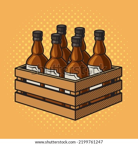 bottles of wine in a wooden box pinup pop art retro vector illustration. Comic book style imitation.