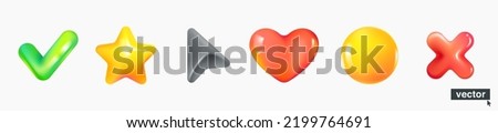 Green tick, yellow stars, cursor, volume heart, realistic sphere, red cross icons set. Realistic plastic 3D logos. Vector illustration for cute banner, glossy design posters, vibrant advertising.
