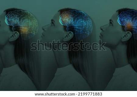 Women's mental health. The concept of the nervous system of the brain. Thought process and psychology. Brain fog, post-covid syndrome, brain aging Royalty-Free Stock Photo #2199771883