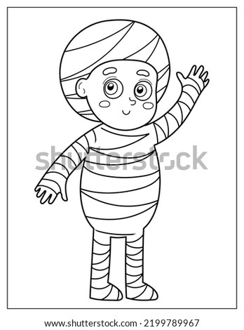 Boy in mummy costume coloring page for kids. Halloween kid waving hand in cartoon style for coloring book. Vector illustration