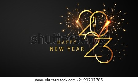 2023 Happy new year. Happy New Year Banner with Golden metallic numbers date 2023 and flickering fireworks. Dark luxury background. Vector illustration Royalty-Free Stock Photo #2199797785