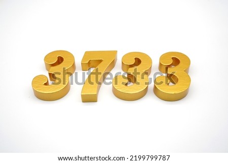  Number 3733 is made of gold-painted teak, 1 centimeter thick, placed on a white background to visualize it in 3D.                               