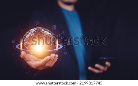 Businessman Business global internet connection application technology and digital marketing and virtual Global Internet connection metaverse.