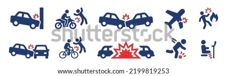 Accident icon set. Containing car collision with bike, motorbike, pedestrian, car and the wall, injury, fire and plane crash icons. Vector illustration.