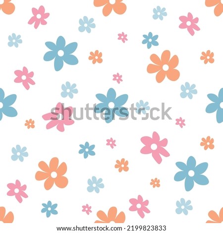 Cute seamless pattern with pink and blue flowers. Vector illustration in hand-drawn flat style. Perfect for print, decorations, wallpaper, wrapping paper, cards. Simple botanical background.