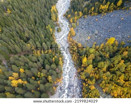 Top view from the drone of the mountain river among the mountain autumn forests.