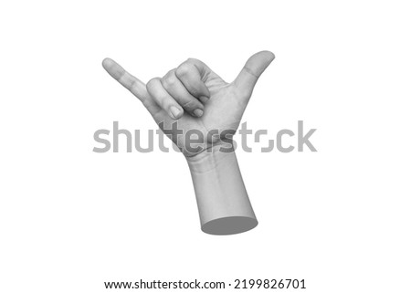 Female hand showing two fingers signifying the shaka gesture isolated on white background. Hawaiian greeting hand sign for surfers. Trendy 3d collage in magazine style. Contemporary art. Modern design