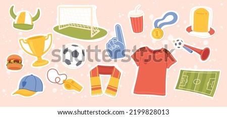 Soccer game sport championship fan sticker set. Football field, team t-shirt, scarf, whistle, ball, goal, tournament cup, foam hand, trumpet, hat. Competition match attributes flat vector illustration