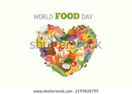 World Food Day. Different fresh food are laid out in shape of heart on banner or greeting card. Vector illustration. Royalty-Free Stock Photo #2199828799