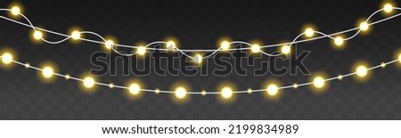 Bright lights bulbs for poster, card, or web. Set of golden Xmas glowing garland. Led neon lamp. Christmas, New Year, wedding or Birthday decor. Glowing yellow light bulb with sparkles. Vector.