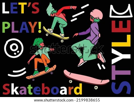 Skateboard pose vector illustration with color and full color title. Surrounded with abstract hand drawn line.