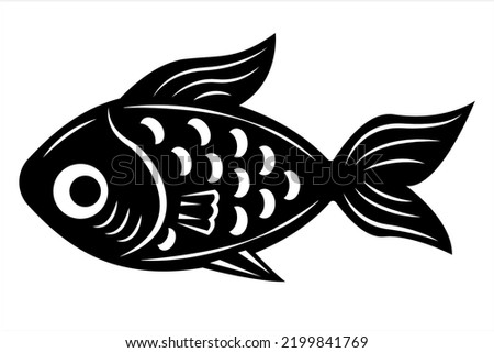 Fish illustration in black and white. Monochrome abstract fish icon isolated on white background.