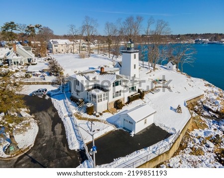 Hospital Point Lighthouse aerial view in winter in Hospital Point in city of Beverly, Massachusetts MA, USA. 