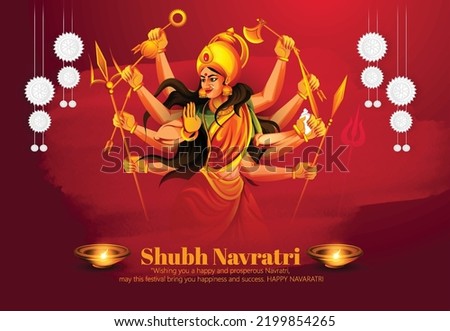 Illustration of Goddess Durga for Shubh Navratri, Couple Playing Garba or Dandiya in Navratri Celebration Royalty-Free Stock Photo #2199854265