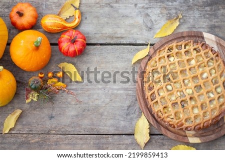 Pumpkin pie. A traditional American homemade pumpkin pie for Thanksgiving or Halloween, ready to eat. Pumpkins. copy space