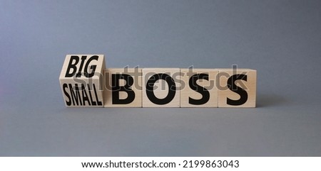 Big vs small boss symbol. Turned wooden cubes with words Small boss and Big boss. Beautiful grey background. Business concept. Copy space.