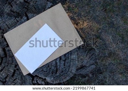 Blank Invitation greeting paper card, booklet branding mockup, kraft envelope, leaflet on cut wooden tree trunk background outdoor. Ecology concept. Top view, flat lay, copy space.	