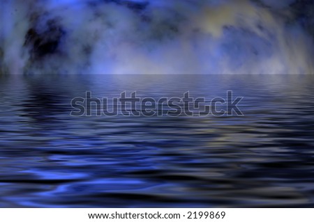 A dark and gloomy sky reflected on water
