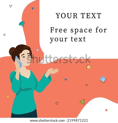 Woman looking up to speech bubble with empty space for text. Girl talk to phone. 