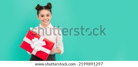 boxing day. present and gifts buy. shopping child with purchase. kid with box. Kid girl with gift, horizontal poster. Banner header with copy space.