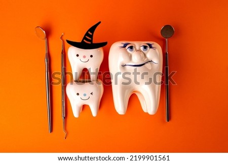 Dental health concept. Dentist day concept. Flat lay, top view, copy space for text.stomatology.halloween.holidays