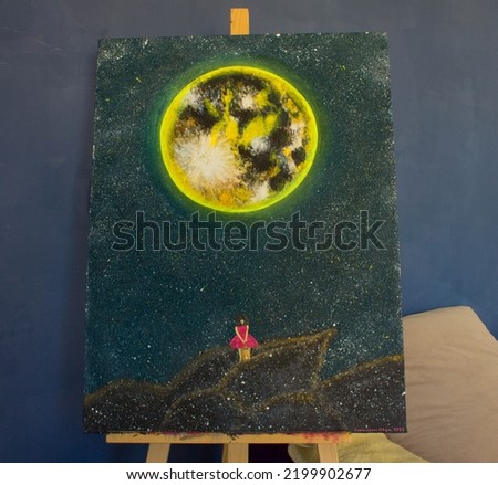 Oil painting moon. Moon and princess. Nice picture. Background. Texture.