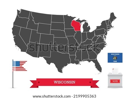 Presidential elections in Wisconsin. State flag and ballot box, silhouette USA map and flag. 