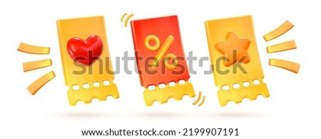 Ticket with a star, a heart and a percentage on a white background. Realistic 3d style. Coupon or gift, discount. Voucher design. Vector illustration Royalty-Free Stock Photo #2199907191