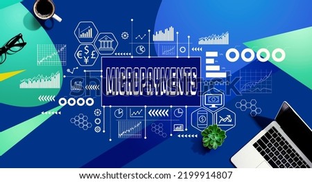 Micropayments theme with a laptop computer on a blue and green pattern background Royalty-Free Stock Photo #2199914807