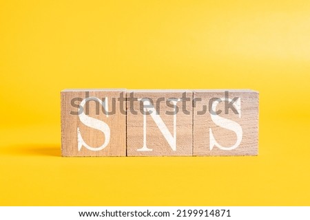 A technical term of SNS on wooden cubes on yellow background, Social Networking Service, Economy