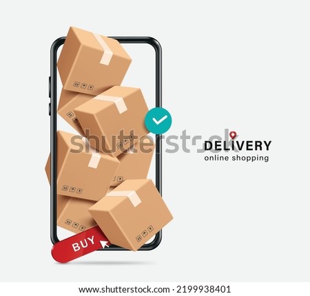 multiple parcel boxes were packed tightly inside smartphone and were overflowing to convey the promotional period that customers order in an online platform on smartphone,vector 3d isolated delivery Royalty-Free Stock Photo #2199938401