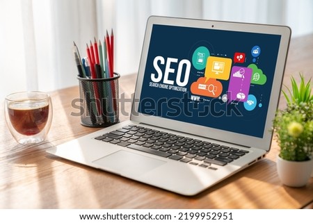 SEO search engine optimization for modish e-commerce and online retail business showing on computer screen Royalty-Free Stock Photo #2199952951