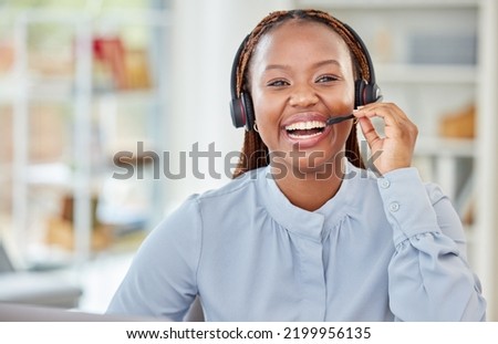 Success call center and customer service black woman consulting, communication and talking to contact us person. Happy CRM telemarketing support agent, friendly girl or receptionist in company office Royalty-Free Stock Photo #2199956135