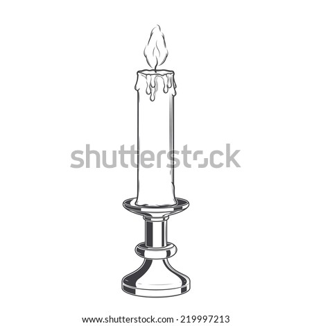 Burning old candle and vintage candlestick isolated on a white background. Monochromatic Line art. Retro design. Vector illustration.