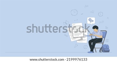 Student sitting at table with books and writing. Young people preparing for exams at University or school. Icons of learning. Vector illustration isolated. education concept Royalty-Free Stock Photo #2199976133
