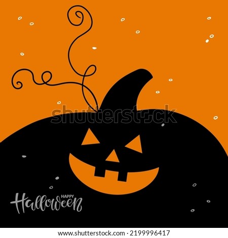 Black scary laughing pumpkin on orange background. Printing Decor for party. Hand written Happy Halloween lettering with silhouette vector Illustration for Festive border, party poster, banner.
