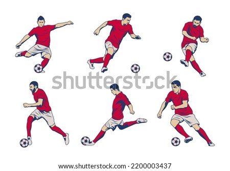 A set of vector set of football, soccer players. Soccer players illustration collection. football players kick and dribble. Royalty-Free Stock Photo #2200003437